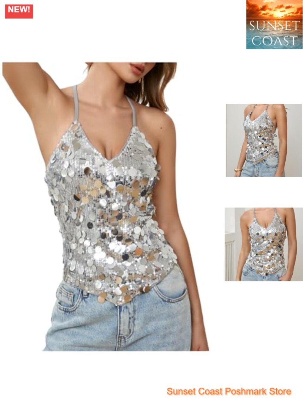 Sequin Sparkly V Neck Backless Disco Halter Tank Top
